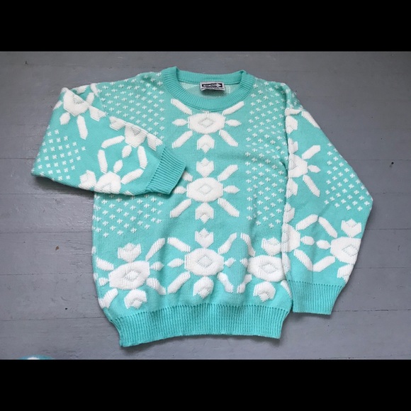 Vintage Sweaters - Vintage turquoise and white knit sweater